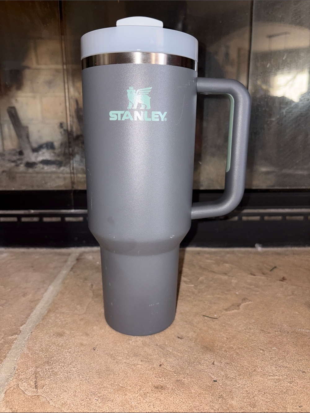 Stanley Gray Travel Mug with Mint Logo and White Lid